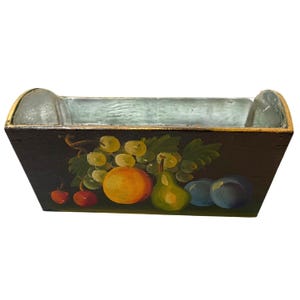 Vintage Hand-Painted Wooden Box With Fruit Design Green & Gold Accents Rectangular