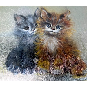 May include: A painting of two fluffy kittens. One kitten is gray, the other is brown and orange. Both kittens have big blue eyes and are looking at the viewer. The background is a light silver color.