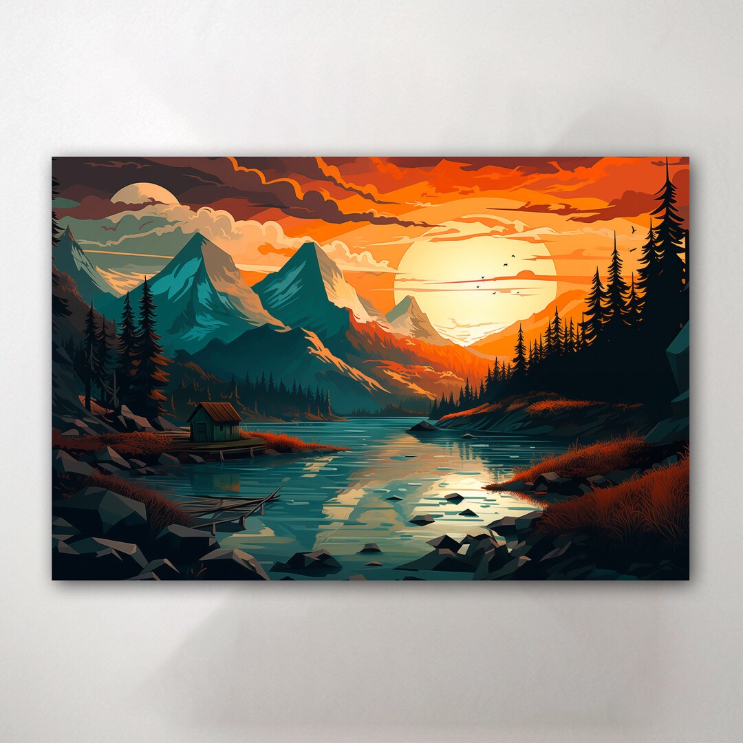 Mountain Lake Canvas - Cabin Wall Art - Wilderness Decor - Sunset Print ...