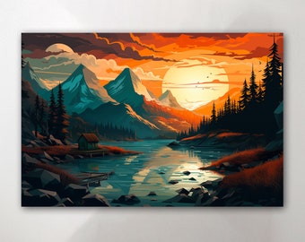 Mountain Lake Canvas - Sunset Nature Art - Adventure Wall Decor ...