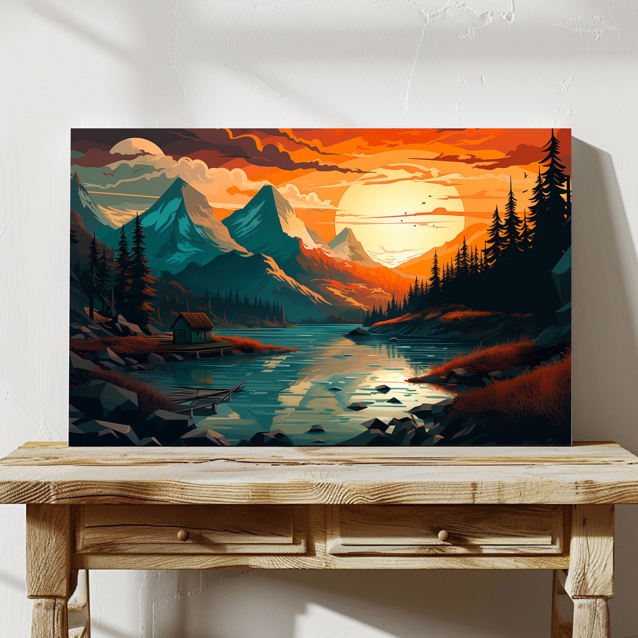 Mountain Lake Canvas - Cabin Wall Art - Wilderness Decor - Sunset Print ...