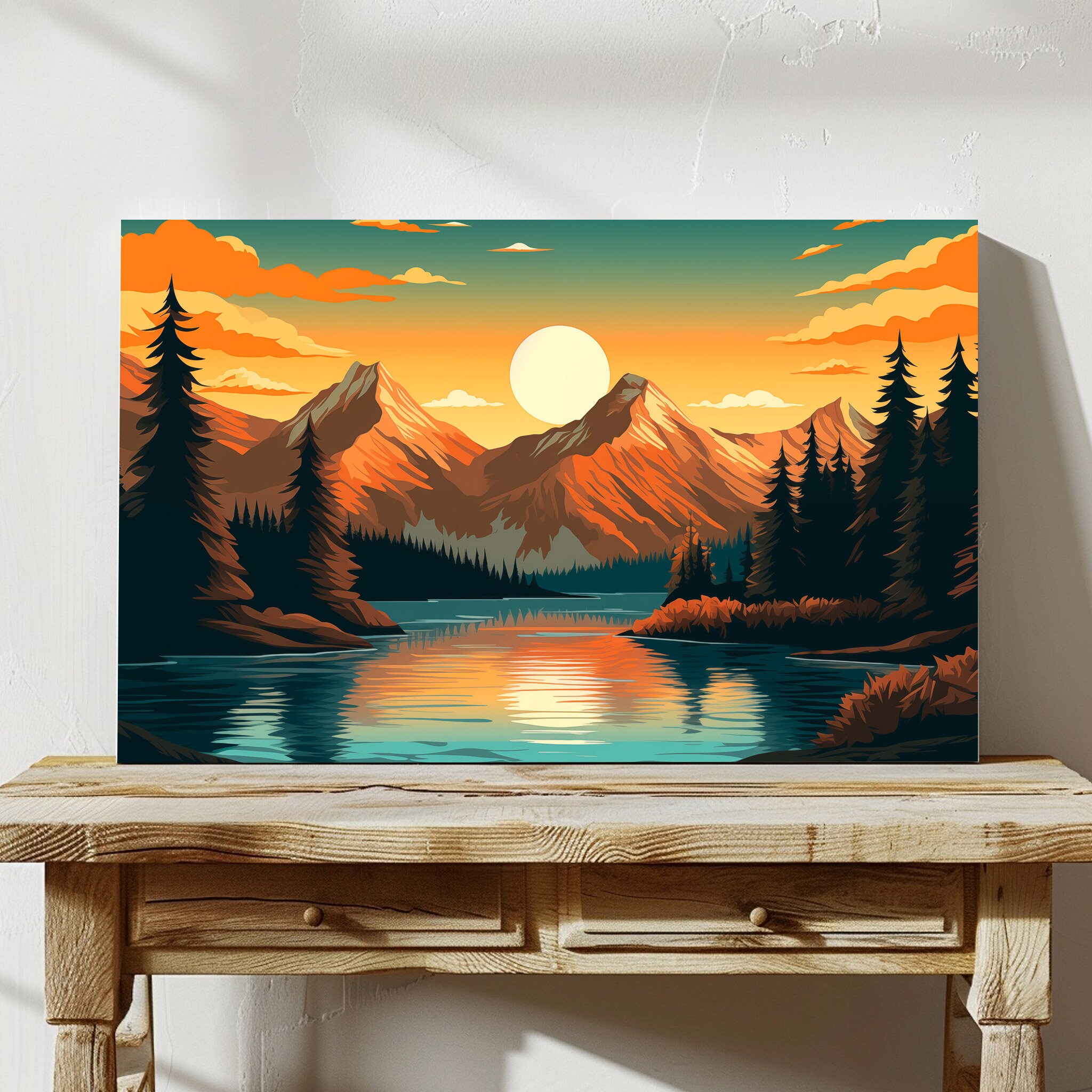 Mountain Lake Canvas - Sunset Nature Art - Adventure Wall Decor ...