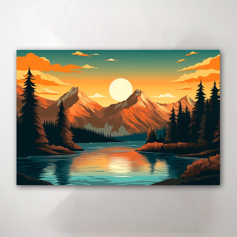 Mountain Lake Canvas - Sunset Nature Art - Adventure Wall Decor ...