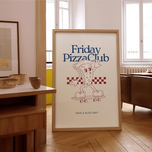 Freitag Pizza Club Wand Kunst Druck, Pizza Druck, Retro Wandkunst, Küchen Wand Druck, minimalistischer Druck, druckbares Poster, Digital Download