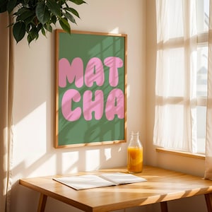 Matcha Wand Kunst Druck, Matcha Liebhaber Poster, Matcha Küche Wand Kunst, Cafe Poster, grün und rosa Print, druckbares Poster, digital