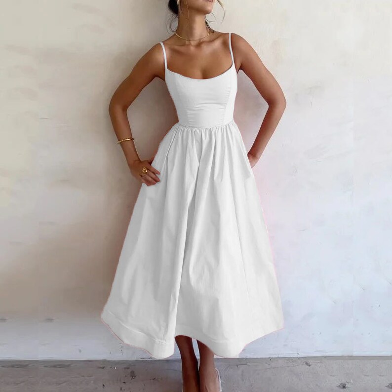 Spaghetti Strap Dress Backless Midi Gown Party Outfit Women's Fashion White