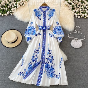 Blue And White Porcelain Flower Print Maxi Dress | Long Lantern Sleeve Single Breasted Women-Wear |