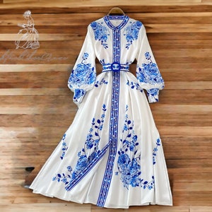 Blue And White Porcelain Flower Print Maxi Dress | Long Lantern Sleeve Single Breasted Women-Wear |