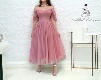 Dusty Pink Chiffon Bridal Gown | Off the Shoulder A-Line Dress