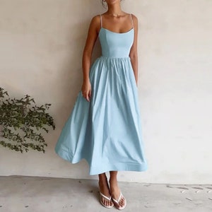 Spaghetti Strap Dress Backless Midi Gown Party Outfit Women's Fashion Blue