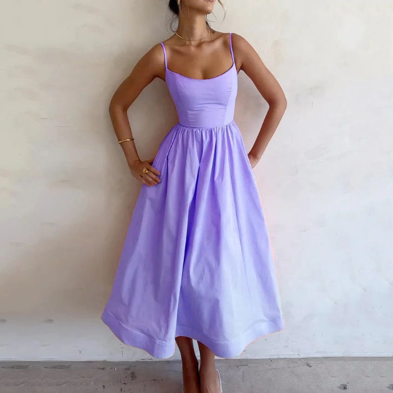 Spaghetti Strap Dress Backless Midi Gown Party Outfit Women's Fashion Violet