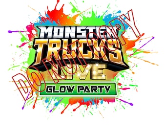Monster Truck Hot Wheels Live Glow Party PNG Koszulka Projekt kolorowe rozpryski słowa