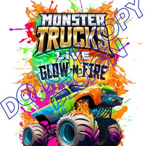 以下が含まれることがあります： 炎と暗闇で光るデザインが施されたカラフルなモンスタートラック。トラックはピンクとオレンジの背景にペイントの飛沫が描かれている。背景には「Monster Trucks Live Glow-N-Fire」の文字が書かれている。