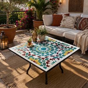 Handmade Zellige Mosaic Table – Moroccan Ceramic Tile Accent Table, Boho Mediterranean Decor