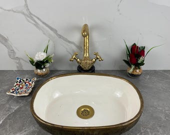 Handmade Oval Ceramic Vessel Sink—Antique Brass Finish, Moroccan Basin