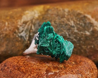 Malachite Ring, Azurite, Pyrite, Black Tourmaline Ring, Adjustable Rings, Silver Crystal Ring, Natural Gemstones Rings, Crystals Gemstone
