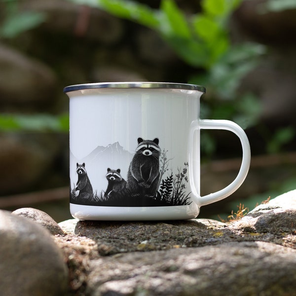 Raccoon Enamel Camping Mug | Enamel Outdoor Camping Mug | Campfire Mug | Gift for Camping | Enamelware Raccoon Mug | Animal Mug | Coffee Mug