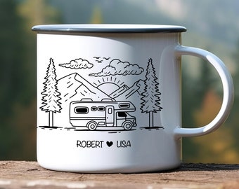 Tazza personalizzata per camper smaltata / Regalo per camper / Lui per lei / Camper da campeggio / Tazza con nome / Regalo di viaggio / Regalo per il campeggio / Tazza