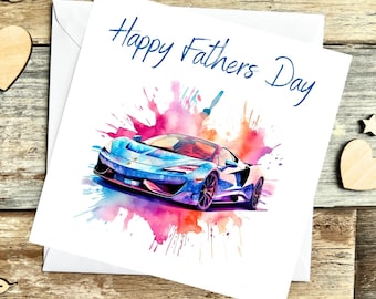 Happy Fathers Day Blue Sports Car Card (Matching Gift Tags Available)