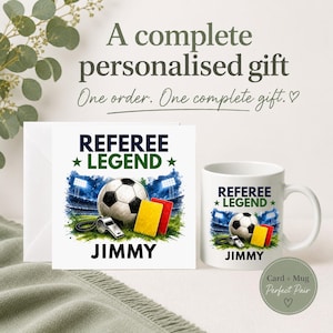 May include: A white ceramic mug and a square greeting card featuring a football theme. Both items display a graphic of a football, a silver whistle, a yellow card, and a red card on a pitch, with the text REFEREE LEGEND and the name JIMMY.