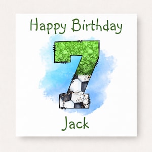 Personalised football 7th birthday card with green grass-style number seven and football pattern, custom name below
