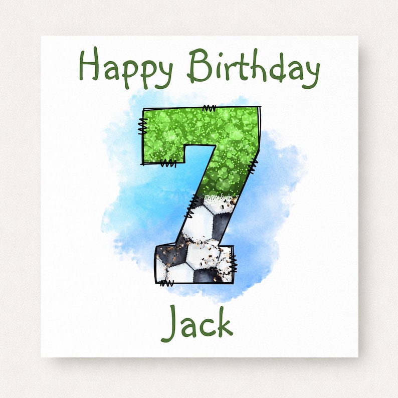 Personalised football 7th birthday card with green grass-style number seven and football pattern, custom name below