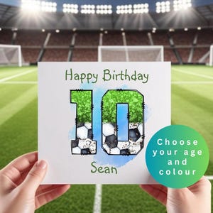 Personalised football birthday card featuring a large age number and name on a football pitch background
