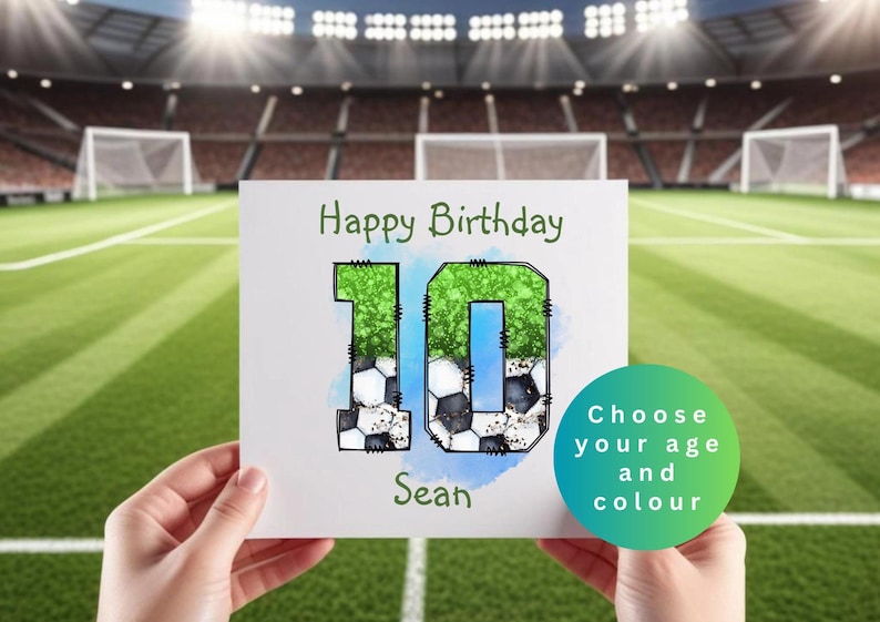 Personalised football birthday card featuring a large age number and name on a football pitch background