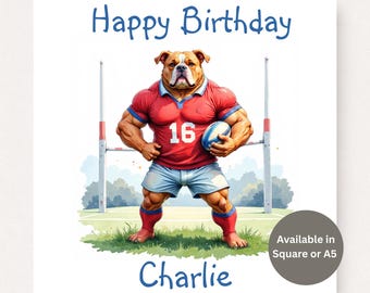 Personalised Rugby Birthday Card – Bulldog Rugby Player, Custom Name, Square or A5