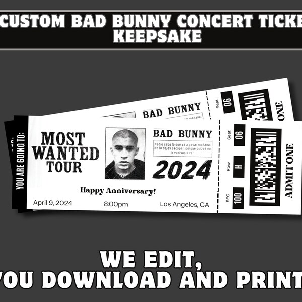 Personalized 2024 Bad Bunny Most Wanted Tour Concert Ticket Keepsake - Custom Digital Download