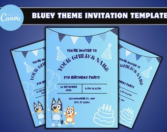 Editable Bluey Birthday Invitation Template, Printable Birthday Party Invitations, Digital Bday Party Invite Bday Card