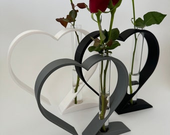 Vase für Blumen mit Glasbehälter - Herzform | Vasen Trockenblumen | Vase Tulpe | Herz Ständer | 3D Druck | Vase für Blumen | Deko Herz