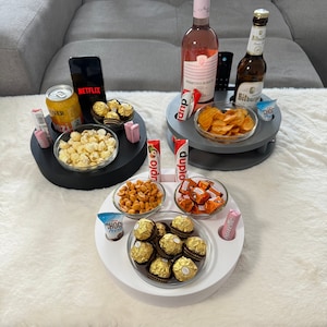 Couchbar Rund mit 2 Glasschalen | Couchbar mini Snackbar | Sofatablett | Serviertablett | Couch Butler | Snackbox | Couch Tablett | Sofa Bar