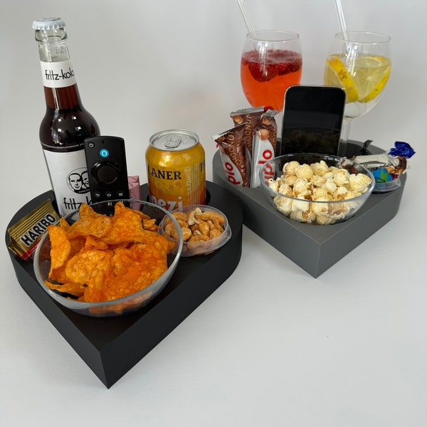 Couchbar in Herzform mit 2 Glasschalen | Couch bar mini Snackbar | Couchbar Herz | Serviertablett | personalisiertes Geschenk | Snackbox