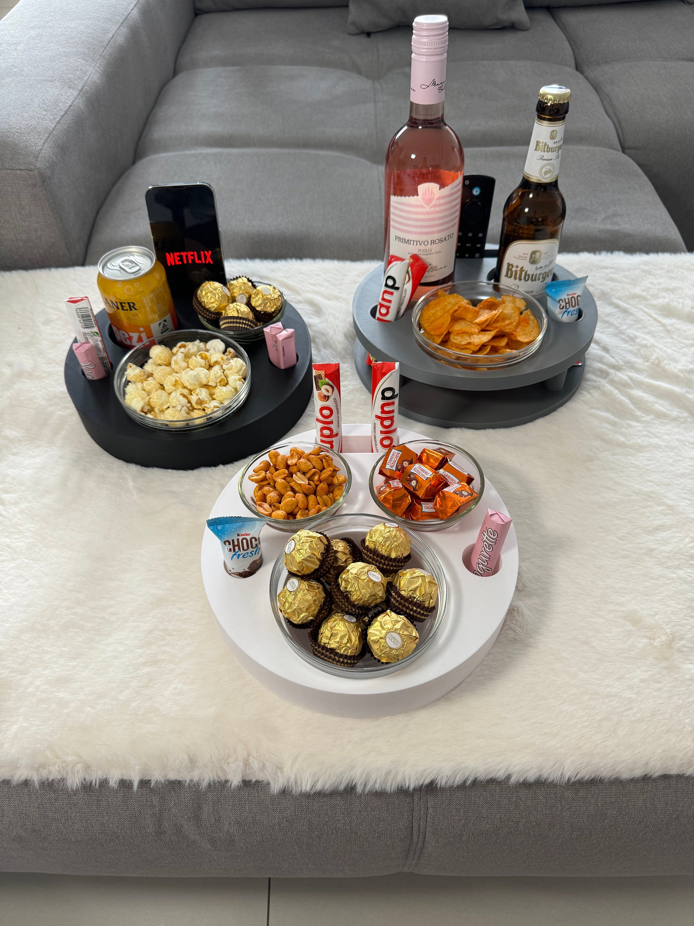 Round Couch Bar with 2 Glass Bowls | Couch Bar Mini Snack Bar | Sofa Tray | Serving Tray | Couch Butler | Snack Box | Couch Tray | Sofa Bar