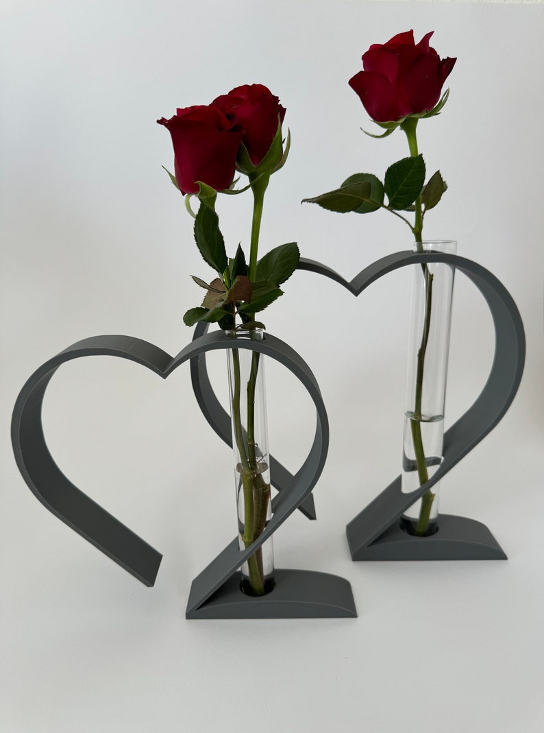 Vase für Blumen mit Glasbehälter Herzform Vasen Trockenblumen Vase Tulpe Herz Ständer 3D Druck Vase für Blumen Deko Herz Grau