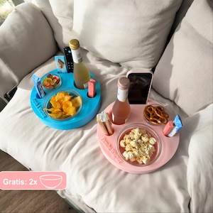 Couchbar Rund personalisiert inkl. 2 Glasschalen, Mini Snackbar Couch, Couch bar, Personalisierbares Geschenk, Sofatablett, Snackbox Kinder