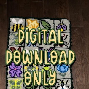 May include: A crochet blanket with a green border and a grid of squares featuring various nature-themed designs, including bees, butterflies, flowers, and ladybugs. The text "DIGITAL DOWNLOAD ONLY" is superimposed on the blanket.