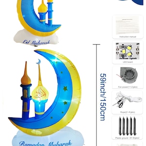 May include: An inflatable Ramadan and Eid decoration featuring a blue crescent moon with yellow stars and a white cloud base. The moon has a yellow outline and a blue mosque with a golden dome and minaret. The decoration is 59 inches tall and 61.8 inches wide. The text "Eid Mubarak" and "Ramadan Mubarak" are printed on the cloud base.