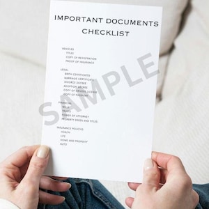 May include: A checklist of important documents to gather, including vehicle titles, legal documents, financial records, and insurance policies.