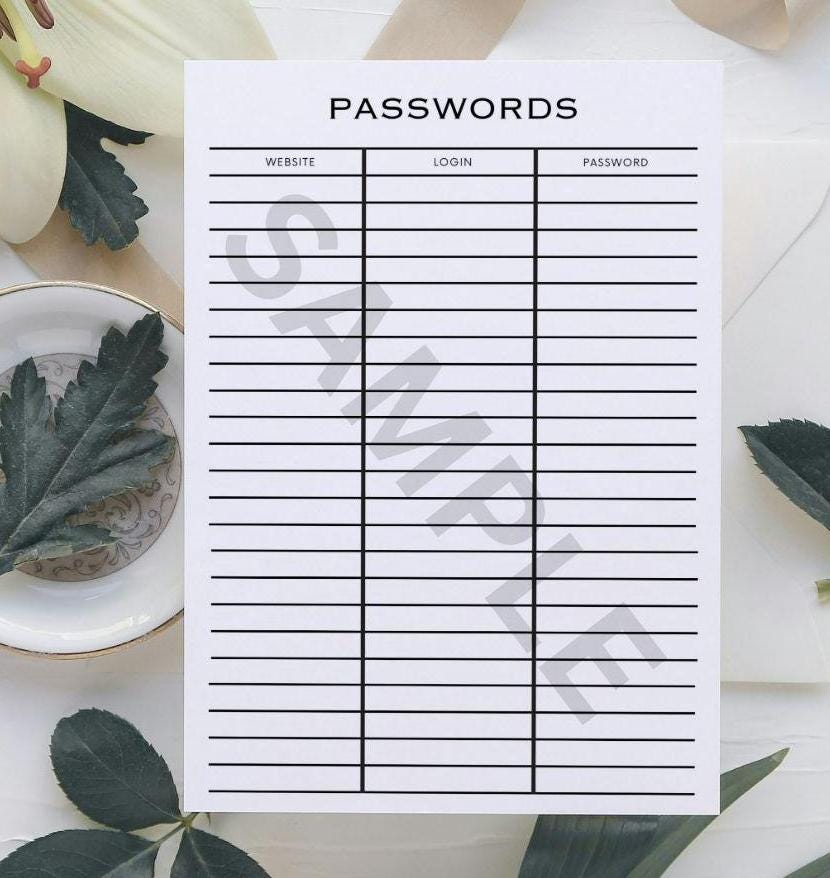 Password List Printable Sheet - Etsy