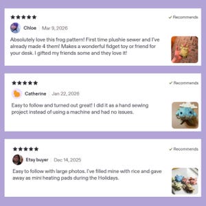 May include: Image of Etsy customer reviews for a frog pattern. The reviews mention making plushies, fidget toys, and mini heating pads. The reviews are positive, with customers recommending the pattern and mentioning ease of use.