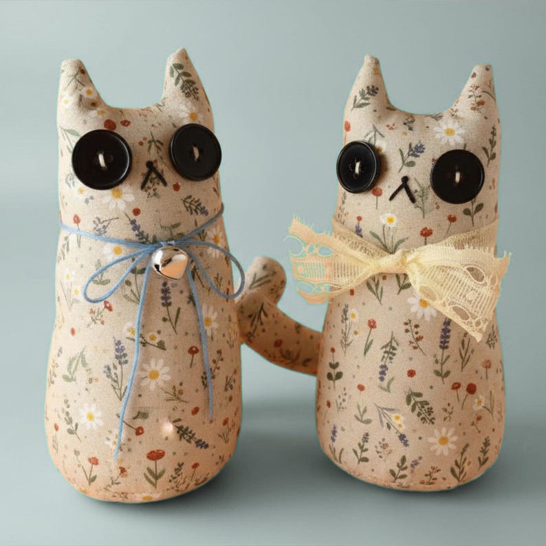 May include: Two handmade cat-shaped plush dolls. The dolls are made of floral fabric with button eyes and a stitched mouth. One cat has a blue bow with a silver heart charm, the other has a yellow lace bow.
