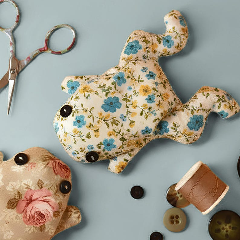 May include: Two handmade fabric whale-shaped toys with button eyes and floral patterns. One whale features blue and yellow flowers on a cream background, the other has pink roses. Scissors, buttons, and thread are scattered around.