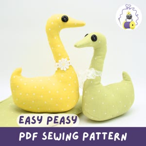May include: Two stuffed goose toys, one yellow and one green, with white polka dots. The yellow goose has a white daisy collar, and the green goose has a lace collar. The text "EASY PEASY PDF SEWING PATTERN" is at the bottom.