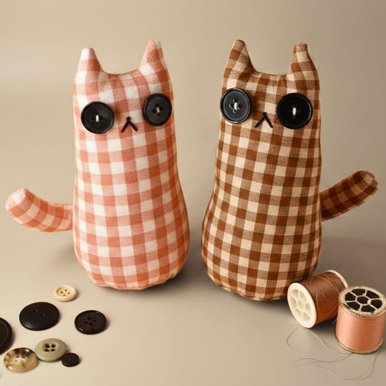 May include: Two handmade cat plushies with button eyes and stitched mouths. One cat is orange and white gingham, the other is brown and white gingham. Several buttons and spools of thread are scattered around the cats, suggesting a craft or sewing theme.