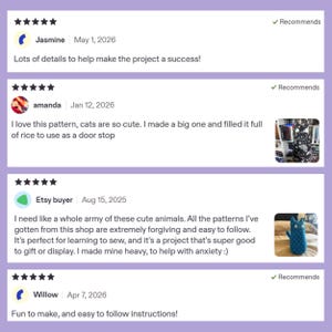 May include: A screenshot of Etsy customer reviews. The reviews are in a light purple box with a white background. The reviews include the customer's name, date, and a short description of the product. The reviews are positive and recommend the product.