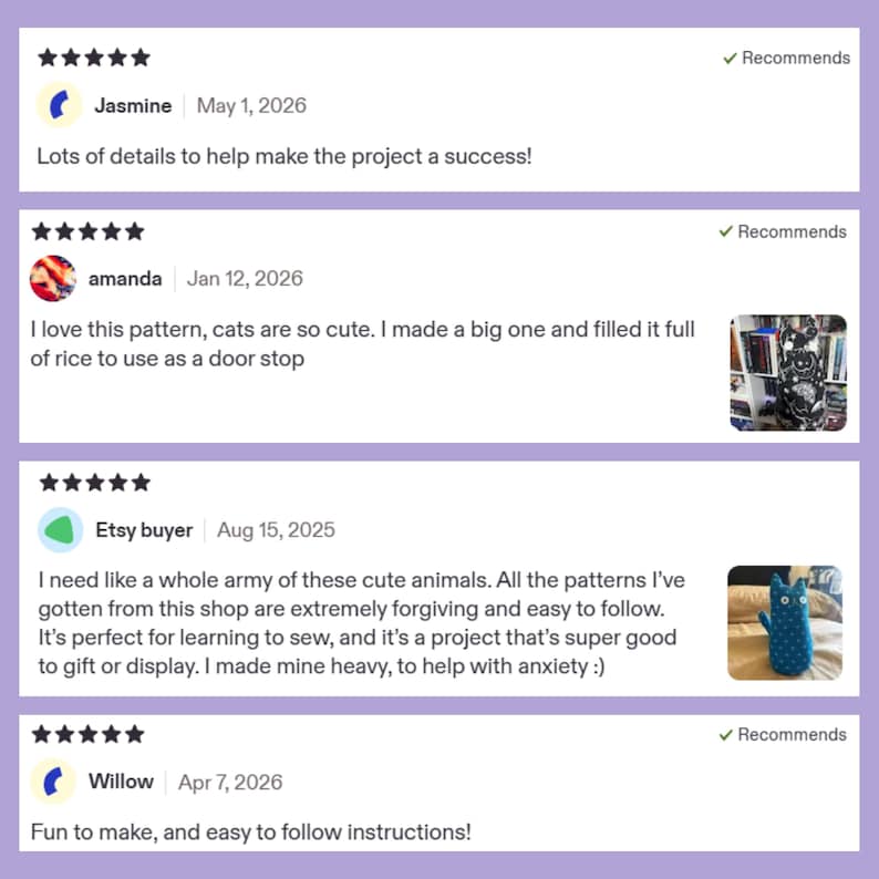 May include: A screenshot of Etsy customer reviews. The reviews are in a light purple box with a white background. The reviews include the customer's name, date, and a short description of the product. The reviews are positive and recommend the product.
