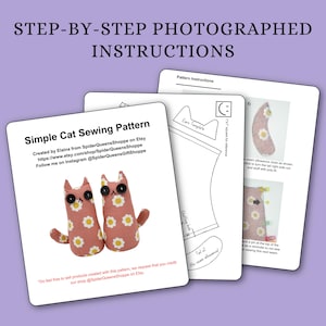 May include: A set of step-by-step photographed instructions for a simple cat sewing pattern. The pattern includes templates and illustrated steps. The finished cat is pink with daisy accents and button eyes. Text includes Etsy shop and Instagram details.