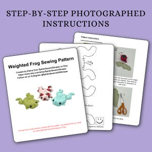 May include: A set of instructions for a weighted frog sewing pattern. The instructions include step-by-step photographs and pattern pieces. The finished frogs are shown in green, pink, and blue. Text on the instructions includes shop and Instagram information.